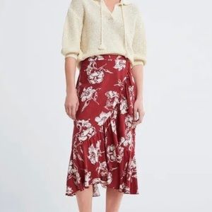 Zara Red Ruffled Floral Print Wrap Style Linen Midi Skirt Size XS